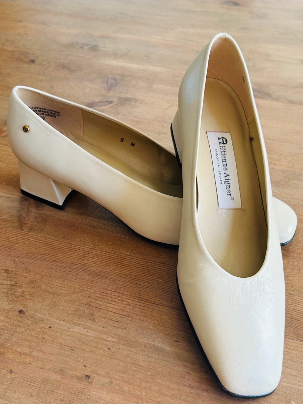 Etienne Aigner “Sarah” Cream Leather Low Block Heel Pumps